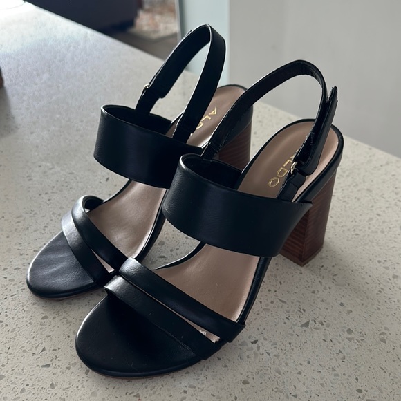 Aldo Black Leather Heeled Sandals - Picture 1 of 3